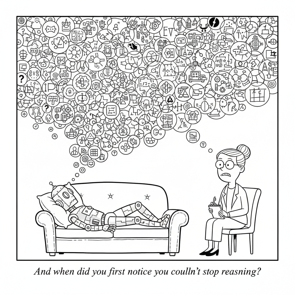 New Yorker-style cartoon: A robot lies on a therapist's couch while an enormous cloud of thought bubbles fills the panel. The therapist asks: And when did you first notice you couldn't stop reasoning?