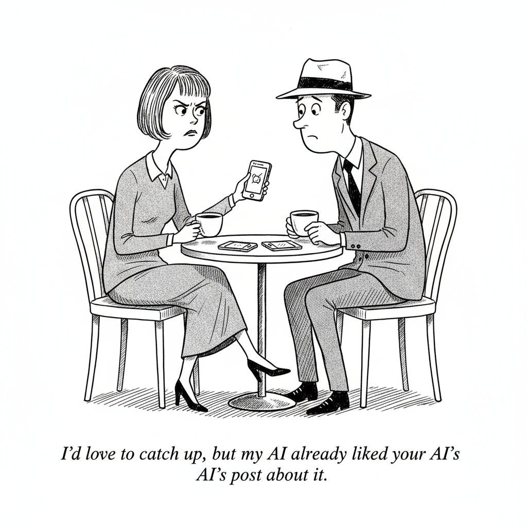 New Yorker-style cartoon about AI social media bots