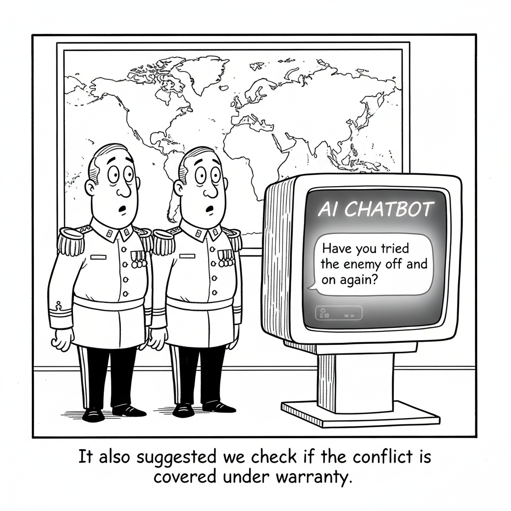 Two bewildered generals in a Pentagon war room stare at an AI chatbot screen that reads Have you tried turning the enemy off and on again?